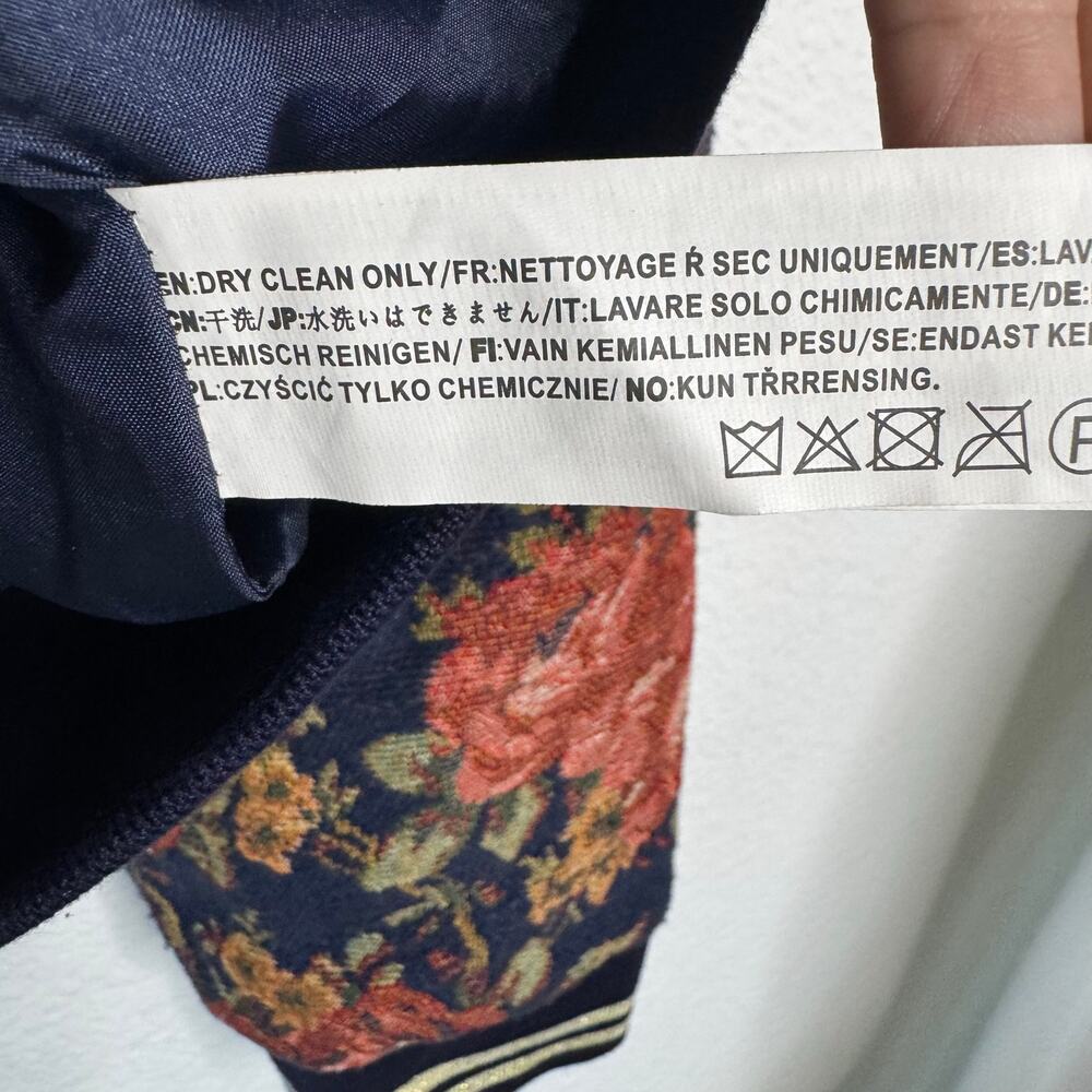 JOA Long Sleeve Floral Bomber Jacket Zip Up Navy Blue Lined Pockets Womens M - Picture 9 of 11